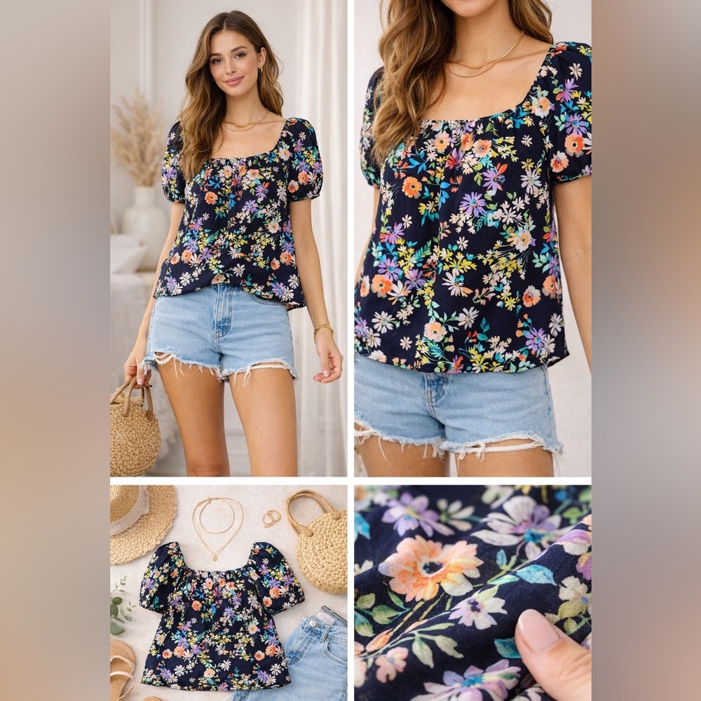 Lovestitch Navy Floral Puff Sleeve Top Boho Cottagecore Blouse Size L
